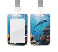 Sliding Badge Holder with Lanyard Plastic ID Card Protector Name Tag Plastic Card Case with Clear Window ID Credit Cards Ocean Sea Seabed Coral Fish Badge Holder for Nurse Doctor Office Supplies