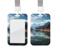 Sliding Badge Holder with Lanyard Plastic ID Card Protector Name Tag Plastic Card Case with Clear Window ID Credit Cards Mountains Surround The Lake Badge Holder for Nurse Doctor Office Supplies