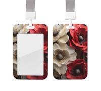 Sliding Badge Holder with Lanyard Plastic ID Card Protector Name Tag Plastic Card Case with Clear Window ID Credit Cards Red and White Flowers Badge Holder for Nurse Doctor Office Supplies