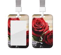 Sliding Badge Holder with Lanyard Plastic ID Card Protector Name Tag Plastic Card Case with Clear Window ID Credit Cards Red Rose Flowers Badge Holder for Nurse Doctor Office Supplies