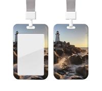 Sliding Badge Holder with Lanyard Plastic ID Card Protector Name Tag Plastic Card Case with Clear Window ID Credit Cards Lighthouse Rocks Seaside Badge Holder for Nurse Doctor Office Supplies