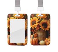 Sliding Badge Holder with Lanyard Plastic ID Card Protector Name Tag Plastic Card Case with Clear Window ID Credit Cards Pumpkin and Sunflower Badge Holder for Nurse Doctor Office Supplies
