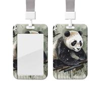 Sliding Badge Holder with Lanyard Vertical ID Card Holder Ink Painting Panda Plastic Card Case Protector Pouch with Clear Window ID Credit Cards for Nurse Officer Teacher