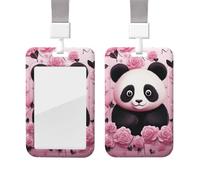 Sliding Badge Holder with Lanyard Vertical ID Card Holder Pink Panda Pattern Plastic Card Case Protector Pouch with Clear Window ID Credit Cards for Nurse Officer Teacher