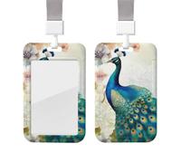 Sliding Badge Holder with Lanyard Vertical ID Card Holder Plastic Name Tag Beautiful Peacock and Floral Card Case Protector Pouch with Clear Window for Nurse Officer Teacher ID Credit Cards