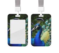 Sliding Badge Holder with Lanyard Vertical ID Card Holder Plastic Name Tag Beautiful Peacock Card Case Protector Pouch with Clear Window for Nurse Officer Teacher ID Credit Cards