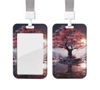 Sliding Badge Holder with Lanyard Vertical ID Card Holder Plastic Name Tag Big Tree Growing on Pile of Stones Card Case Protector Pouch with Clear Window for Nurse Officer Teacher ID Credit Cards