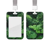 Sliding Badge Holder with Lanyard Vertical ID Card Holder Plastic Name Tag Densely Growing Green Plants Card Case Protector Pouch with Clear Window for Nurse Officer Teacher ID Credit Cards
