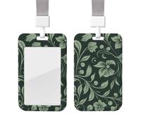 Sliding Badge Holder with Lanyard Vertical ID Card Holder Plastic Name Tag Green Flowers Card Case Protector Pouch with Clear Window for Nurse Officer Teacher ID Credit Cards