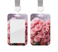 Sliding Badge Holder with Lanyard Vertical ID Card Holder Plastic Name Tag Heart Roses Card Case Protector Pouch with Clear Window for Nurse Officer Teacher ID Credit Cards