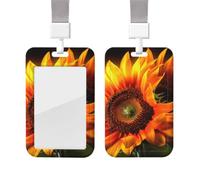 Sliding Badge Holder with Lanyard Vertical ID Card Holder Plastic Name Tag Orange Sunflower Wallpaper Card Case Protector Pouch with Clear Window for Nurse Officer Teacher ID Credit Cards