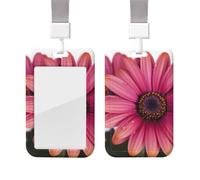 Sliding Badge Holder with Lanyard Vertical ID Card Holder Plastic Name Tag Pink Daisy Flower Card Case Protector Pouch with Clear Window for Nurse Officer Teacher ID Credit Cards