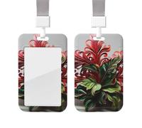 Sliding Badge Holder with Lanyard Vertical ID Card Holder Plastic Name Tag Red and Green Flowers Card Case Protector Pouch with Clear Window for Nurse Officer Teacher ID Credit Cards