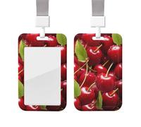 Sliding Badge Holder with Lanyard Vertical ID Card Holder Plastic Name Tag Red Cherries Card Case Protector Pouch with Clear Window for Nurse Officer Teacher ID Credit Cards