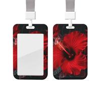 Sliding Badge Holder with Lanyard Vertical ID Card Holder Plastic Name Tag Red Hibiscus Flowers Card Case Protector Pouch with Clear Window for Nurse Officer Teacher ID Credit Cards