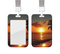 Sliding Badge Holder with Lanyard Vertical ID Card Holder Plastic Name Tag Sea Tropical Island Palm Tree Card Case Protector Pouch with Clear Window for Nurse Officer Teacher ID Credit Cards