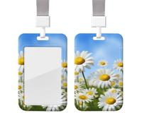 Sliding Badge Holder with Lanyard Vertical ID Card Holder Plastic Name Tag Spring Daisy Flowers Card Case Protector Pouch with Clear Window for Nurse Officer Teacher ID Credit Cards