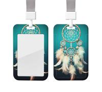 Sliding Badge Holder with Lanyard Vertical ID Card Holder Plastic Name Tag White Dream Catcher Feather Card Case Protector Pouch with Clear Window for Nurse Officer Teacher ID Credit Cards