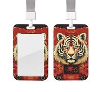 Sliding Badge Holder with Lanyard Vertical ID Card Holder Plastic Name Tag Year of the Tiger on red Background Card Case Protector Pouch with Clear Window for Nurse Officer Teacher ID Credit Cards