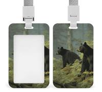 Sliding Black Bears Id Badge Holder Vertical Card Protector Cover Clear Window Key Card Holder Lanyard Badge Case Pouch for Office Driver’s Licenses and Passes