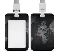 Sliding Black World Map Id Badge Holder Vertical Card Protector Cover Clear Window Key Card Holder Lanyard Badge Case Pouch for Office Driver’s Licenses and Passes