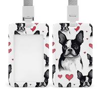 Sliding Boston Terrier Heart Dog Id Badge Holder Vertical Card Protector Cover Clear Window Key Card Holder Lanyard Badge Case Pouch for Office Driver’s Licenses and Passes
