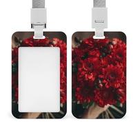 Sliding Bouquet of Red Flowers Id Badge Holder Vertical Card Protector Cover Clear Window Key Card Holder Lanyard Badge Case Pouch for Office Driver’s Licenses and Passes