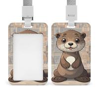 Sliding Cartoon Cute Otter Id Badge Holder Vertical Card Protector Cover Clear Window Key Card Holder Lanyard Badge Case Pouch for Office Driver’s Licenses and Passes