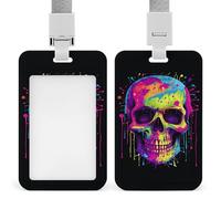 Sliding Color Skull Art Badge Holder Waterproof Plastic Card Holder with Clear Window Detachable Lanyard Vertical Heavy Card Case Protector for Office School Factory