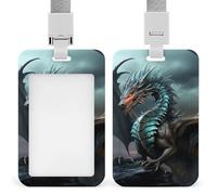 Sliding Cool Dragon Badge Holder Waterproof Plastic Card Holder with Clear Window Detachable Lanyard Vertical Heavy Card Case Protector for Office School Factory