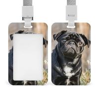 Sliding Cute Black Pug Dog Id Badge Holder Vertical Card Protector Cover Clear Window Key Card Holder Lanyard Badge Case Pouch for Office Driver’s Licenses and Passes