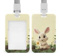 Sliding Cute Bunny Badge Holder Waterproof Plastic Card Holder with Clear Window Detachable Lanyard Vertical Heavy Card Case Protector for Office School Factory