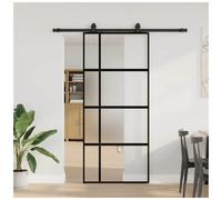 Sliding Door 90x205 cm Matt Tempered Glass Black Aluminum Frame Kit QuietStopper
