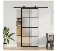 Sliding Door 90x205 cm Matt Tempered Glass Black Aluminum Frame Kit QuietStopper