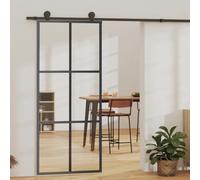 Sliding Door 90x205cm Transparent ESG Glass Black Aluminium Frame SoftStop Rail