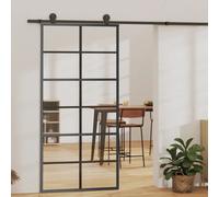 Sliding Door 90x205cm Transparent ESG Glass Black Aluminium Frame w/Kit SoftStop