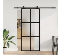 Sliding Door Black 90x205 cm Tempered Glass Aluminium Frame Matte Privacy 200cm