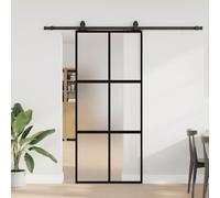 Sliding door Black Matt Tempered Glass 90x205cm Aluminium Frame 5mm with rails.