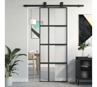 Sliding Door Glass 76x205 cm Black Aluminium Frame Clear Tempered 5mm Slim Panel