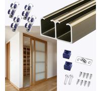 Sliding Door Kit Double Track Bypass Door Hardware Kit, Heavy Duty Barn Sliding Door Closet Set, Aluminum Hanging Track for Study Room Pocket Door Remodel Door(Brown,140cm(55.1in))