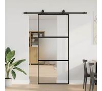 Sliding Door with Fitting, Black, 90 x 205 cm, Tempered Glass, Aluminium Frame, Space-Saving, Matte, with Robust Steel Fitting Set, Ideal for Indoor Spaces, Privacy Screen, Silent, Durable and Stable