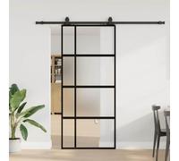 Sliding Door with Fitting, Black, 90 x 205 cm, Tempered Glass, Matt Aluminium, Space-Saving for Room, Indoor and Outdoor Use, with Sturdy Track and Privacy Screen, Silent and Durable