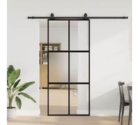 Sliding Door with Fitting, Black, 90 x 205 cm, Tempered Glass, Matt Aluminium, Space-Saving with Privacy Screen, for Room, Apartment, Office, Includes Robust Steel Sliding Fitting Set