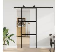 Sliding Door 76x205 cm Matt Tempered Glass Aluminium Frame Black Kit incl rail.