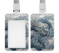 Sliding Dragon Pattern Badge Holder Waterproof Plastic Card Holder with Clear Window Detachable Lanyard Vertical Heavy Card Case Protector for Office School Factory