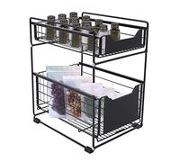 Sliding Drawer Counter Organization Shelf Rack, DSYOGX 2-Tier Under Sink Storage Organiser Kitchen Drawer Telescopic Drawer Shelf, for Bedrooms Bathrooms Kitchens, 37.4x28.2x44cm, Black