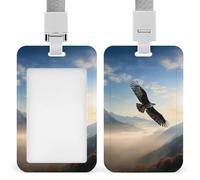 Sliding Eagle Mountains Badge Holder Waterproof Plastic Card Holder with Clear Window Detachable Lanyard Vertical Heavy Card Case Protector for Office School Factory