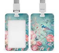 Sliding Flower and Bird Style Badge Holder Waterproof Plastic Card Holder with Clear Window Detachable Lanyard Vertical Heavy Card Case Protector for Office School Factory
