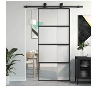 Sliding Glass Door Black 90x205cm Clear ESG Glass Aluminium Frame Slim 5mm Panel