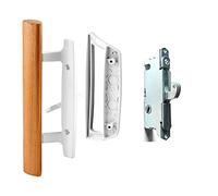 Sliding Glass Door Handle Set Oak Wood Interior Handle and Exterior Pull White Diecast Finish+Mortise Lock 45° Keyway Fits 3-15/16” Screw Hole Spacing, Non-keyed with Latch Locks(White)